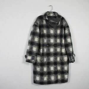 Banana Republic Plaid Wool Blend Coat Women L Black Oversized Luxury Preppy 1162